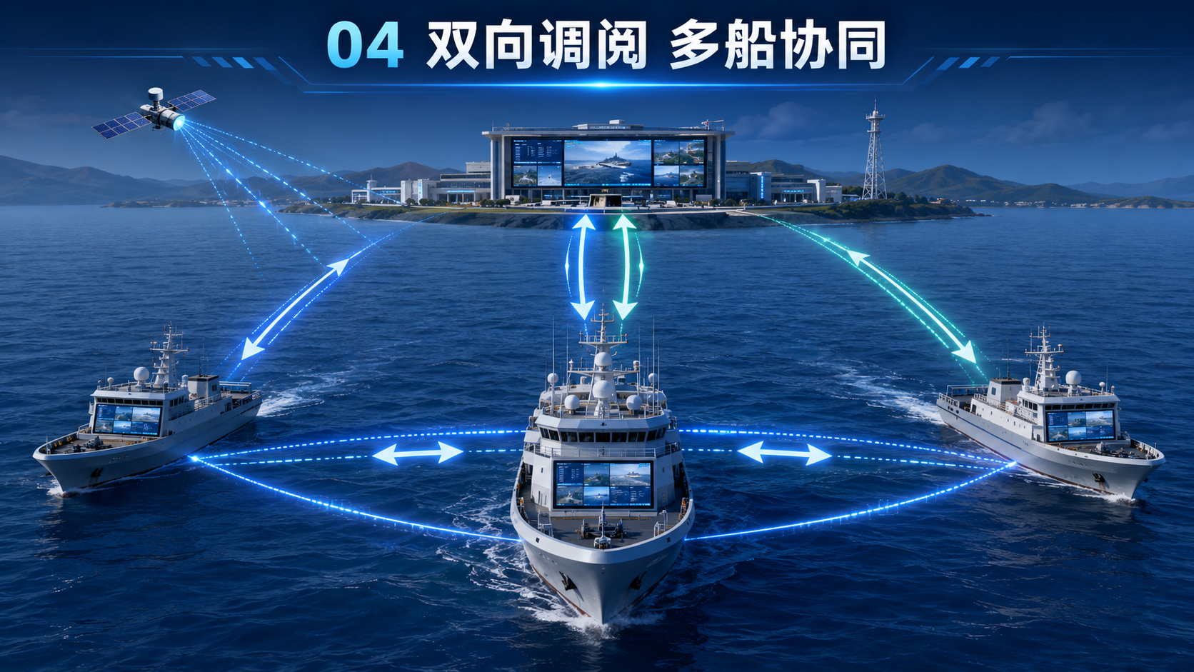 指挥船、协同船与岸基指挥中心双向调阅和多船协同