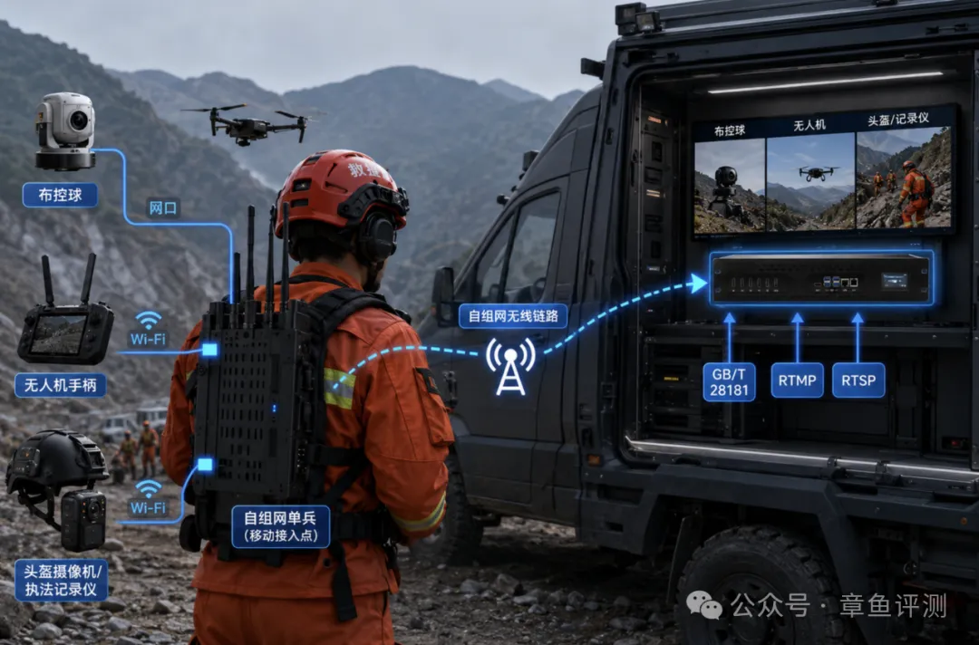 宽带自组网单兵通过网口和 WIFI 将布控球、无人机手柄与头盔摄像机接入车载音视频指挥系统